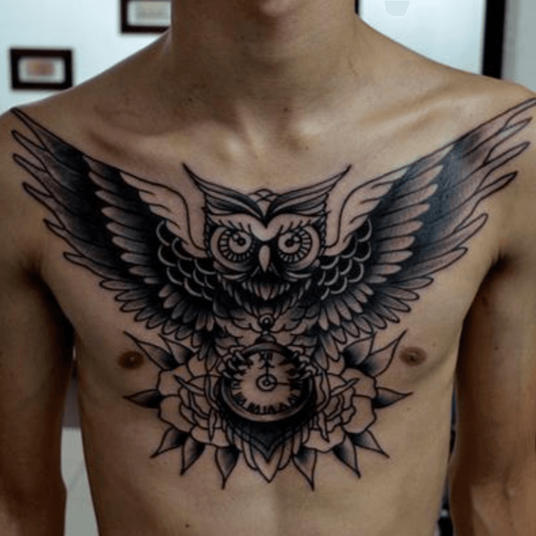 traditional owl chest tattoos