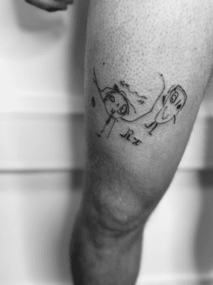 Fine line tattoo by Timmy featuring doodle-like family drawings, capturing the innocence of childhood.