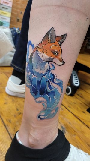 Intricate neo_traditional tattoo by artist Bex Lowe featuring a fox, water, smoke, and spirit elements.