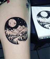 Starting night #blackamdgreytattoo #pointillismtattoo #blackworktattoo #landscapetattoo #colordragonneedles