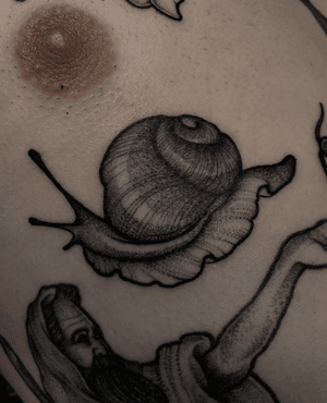 Blackwork and dotwork illustrative tattoo of a snail, beautifully crafted by Claudia Smith.