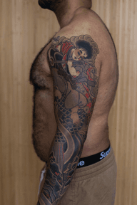 FULL SLEEVE. ONIWAKAMARU (YOUNG DEVIL CHILD - 鬼若まる) FIGHTING THE GIANT CARP AND CHRYSANTHEMUMS 