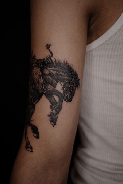 Finelined, black and grey skull cowboy riding horse, On arm