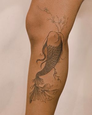 Fine-line koi fish with cherry blossoms branch, birthmark cover-up on the leg