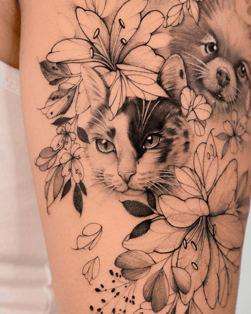 Cat and Dog with Flowers