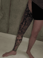 classic sculpture inspired to greek and roman mythology culture full leg black and grey tattoo realistic and surrealistic