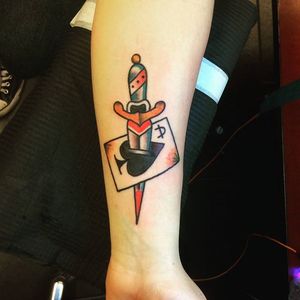Dagger and card #hankypanky #amsterdam #traditionaltattoo #oldschooltattoo #traditional #classictattoo #dagger #card