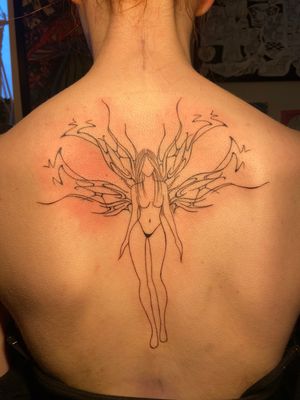 Magical illustrative tattoo of a stunning fairy woman with elegant wings, designed by Beth Farbrother.