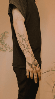 Fine line cherry blossom branches and swallow on the hand