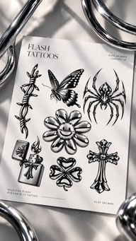 A new collection of chrome-inspired flash designs. Each design is available to tattoo in London. Once a design is claimed, it’s gone. Custom placement & sizing available.
