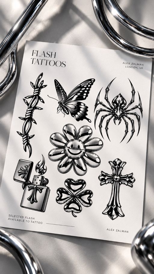 A new collection of chrome-inspired flash designs.
Each design is available to tattoo in London.
Once a design is claimed, it’s gone.
Custom placement & sizing available.