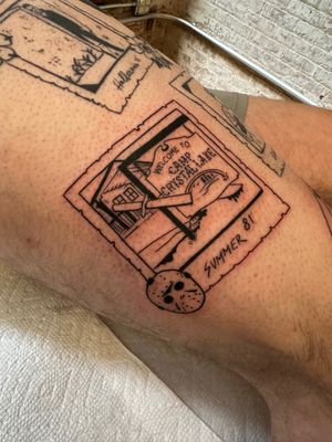 Celebrate the horror of Friday 13th with this blackwork tattoo featuring Jason on a polaroid by the talented Miss Vampira.