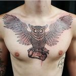 Ronn is in the shop today! Come on by!!! #truebluetattoonyc #nyctattooers #nyctattoos #owl #chest #bird