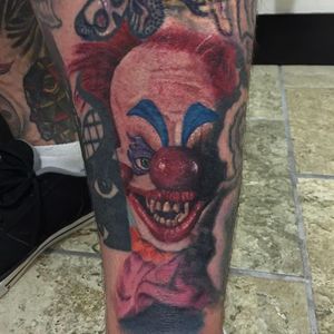 Tattoo by artist Spartacus Durant #artisticencounter #dallas #dallastattoo #dallastattoos #texas #colortattoo #colortattoos #customtattoos #clown #clowntattoo