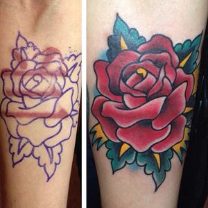 #Rose tattoos are timeless. Simply beautiful #coverup by #TrevorTaylor.