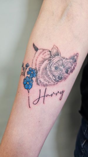 Pet tattoo in fine line and lettering 
