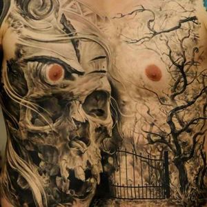 #chestpiece #blackandgrey #skull #tree #realistic