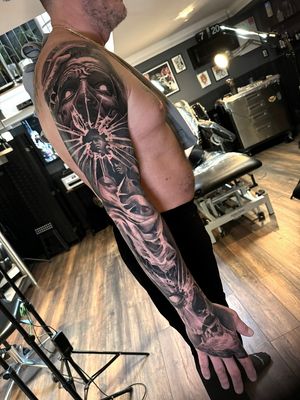 surrealistic dark creepy full sleeve black and grey tattoo, london uk best artist