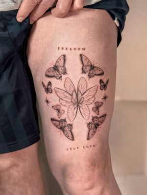 Experience the beauty of a delicate butterfly in black and gray, expertly crafted with small lettering detail by Alex Caldeira.