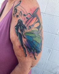 🦋🎶 #colortattoo #butterflytattoo #transformation #lasvegas #lasvegastattooartist #lasvegastattooshop #lasvegasfemaletattooartist #musictattoo #armtattoo