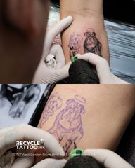 Not all heroes wear capes. Some wear halos and sit on your skin forever. Ready to ink your own story? DM us to book a consultation. #recycletattoostudio #dogtattoo #petportrait #customtattoo #petsofinstagram