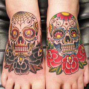 Beautiful #Sugarskull tattoos on the #feet.