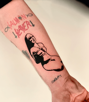 Blackwork tattoo by Miss Vampira featuring BDSM nun in shibari bondage.