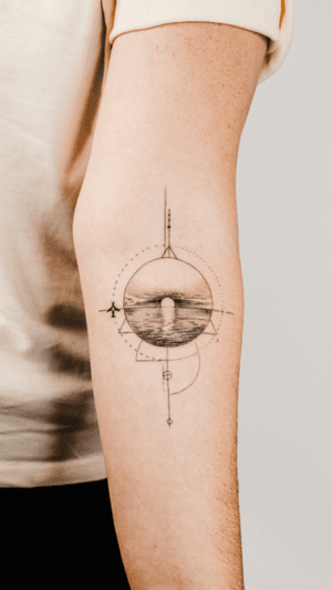 Abstract black and gray fine line geometric tattoo by Gabriele Edu featuring a sunset over the sea with a flying airplane, symbolizing travel and adventure.