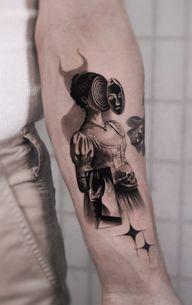 Black and grey surreal realism composition inspired by classical portraiture and dark symbolism.
A Victorian woman stands holding a skull, her face fragmented into layered masks one hypnotic spiral, one human revealing the duality between identity and illusion.