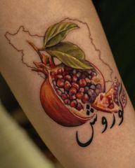 a tattoo for her son.
pomegranate with his name
fine line, color realism