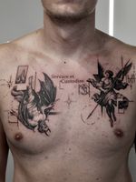 where light stands guard, darkness must fall. done in one session. #chesttattoo #angeltattoo #deviltattoo #blackandgreytattoo #realismtattoo