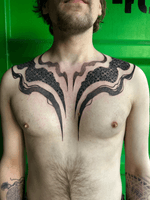 Male chest piece tattoo Geometric tattoo Pattern Dotwork tattoo