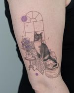 Cat by the Window with Flowers