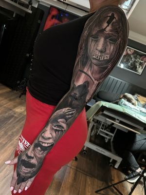 dark creepy suffering black and grey tattoo cover up full sleeve in progress
