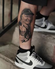 A tribute to Houston legend, OG Mac! .Fully healed, single pass and man, I can’t WAIT to show you what else we’re doing to this leg sleeve! It’s gon’ be crazy!.Link in bio for appointments .#houstontattoos #mattressmack#houstontattooartist #blackandgreytattooartist#ogmac #downtownhouston #minutemaidpark #houstontattoostudio #blackandgreytattoo #houstonlegend #blackandgrey