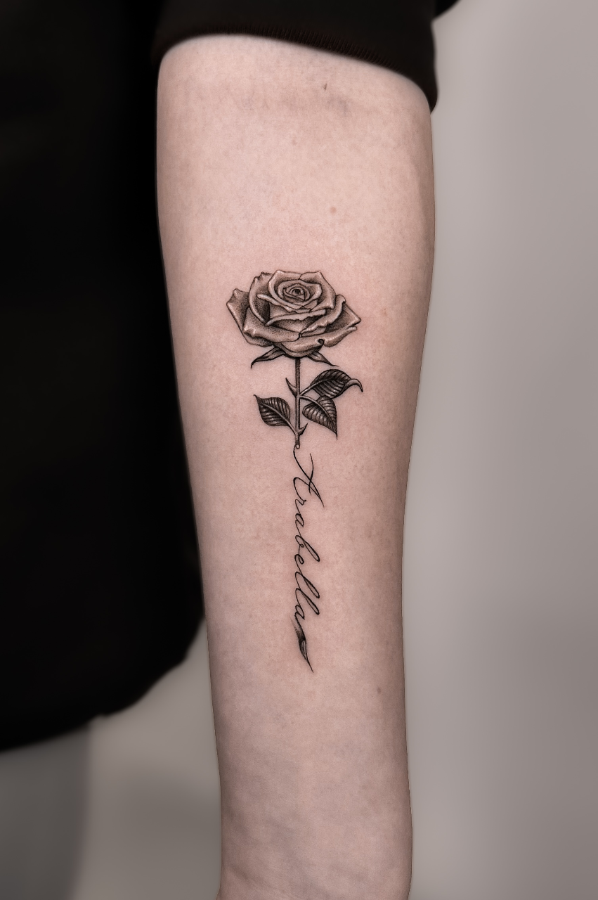 Elegant Rose Tattoo with Personalized Words