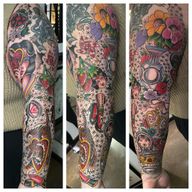 American Traditional style sleeve done for an amazing client Emily… done over the course of 3 days straight @jinxprooftattoos She was the perfect client and sat like a rock.