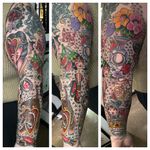 American Traditional style sleeve done for an amazing client Emily… done over the course of 3 days straight @jinxprooftattoos She was the perfect client and sat like a rock.