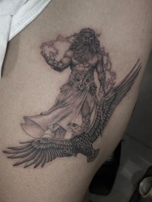Immerse yourself in the world of Greek mythology with this stunning black & gray illustrative tattoo by Lauren.