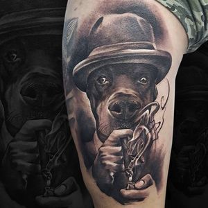 By Rodrigo Piedrabuena #lamanozurda #tatuaje #realistictattoo #madridtattoo #malasañatattoo #madrid #realistic #dog #blackandgrey