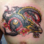 Traditional dragon tattoo by Jay Baxter #traditional #dragon #chestpiece #JayBaxter 