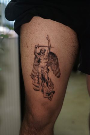 A stunning black and gray tattoo of an archangel, intricately detailed in micro realism style by Kenny Go.