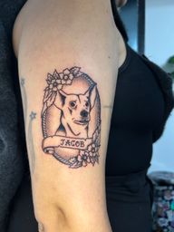 Dog portrait sailor and flowers with script old school trad style 