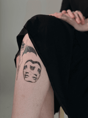 Micro-realistic black and gray tattoo of a sad lady representing the Gemini zodiac sign, by Jo Heatley.