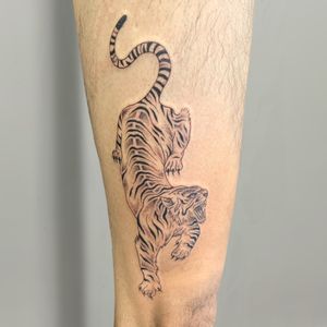 Capture the fierce beauty of the tiger with this black and gray illustrative tattoo by the talented artist Ellie Shearer.