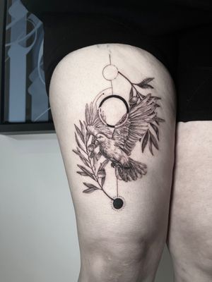Geometric and illustrative design by Lauren, featuring a delicate bird and olive branch motif in fine line style.