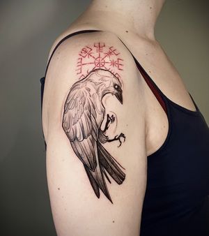 Red Norse vigil with crow on arm black work 