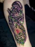 Vibrant Alien Xenomorph Bio-Horror Tattoo