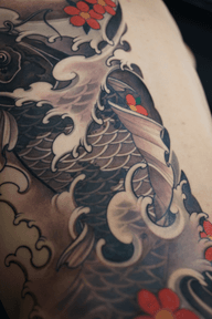 Koi Fish with Waves and Flowers