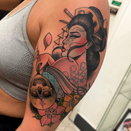 Geisha with Skull Mask Tattoo